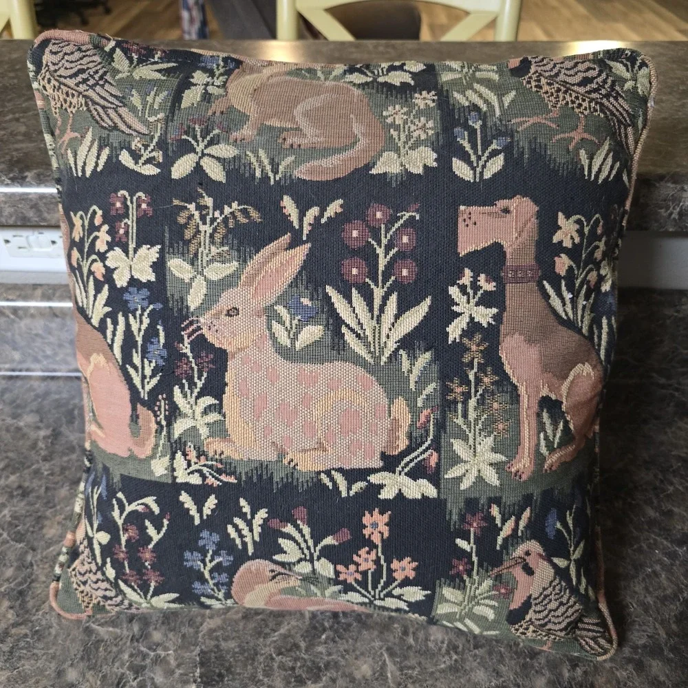 VTG Tapestry Throw Pillow Forest Animals Dog Rabbit Bird Otter 16x16 Cottagecore
